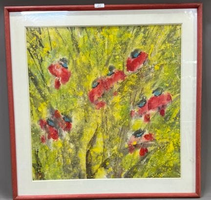 罂粟花
水墨画，带表意文字
左下
高 67 x 宽 67 厘米
(REF 653)