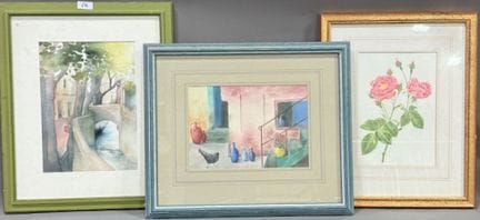 三幅素描、水彩画和铅笔画，署名 LELOY 
- 村庄景色》，右下方有签名
   高 34 x 宽 