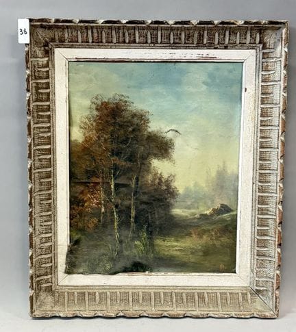 林间田园风光。
布面油画。
高 41 × 33.5 厘米。
（有破损、缺口）
（10400）
（38