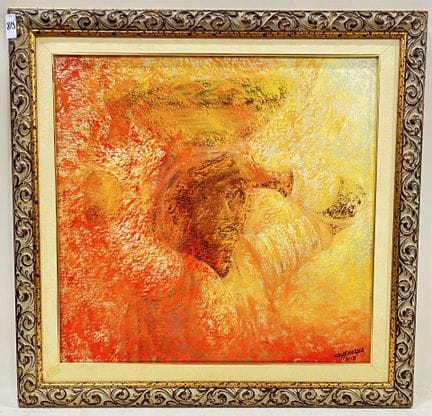 O.MONDYS. 
有骨盆的女人》。 
布面油画。
右下方有签名。 
日期为 2008 年。 
高
