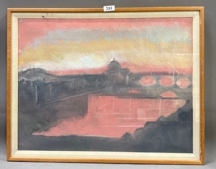 塔罗韦 - 夕阳下的桥景
炭笔画
签名右下方
日期：87
高 47 x 宽 64 厘米
(REF 3