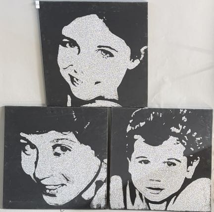 伊萨克·塔布里奇 
三幅肖像 
亮片画布油画 
高 60 × 宽 60 厘米 
（有几个小孔） 
（