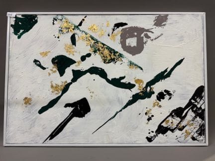 Sayah DOUKNI ?- 白底抽象构图，绿色和金色印花
布面油画，左下方有签名
高 60 x 