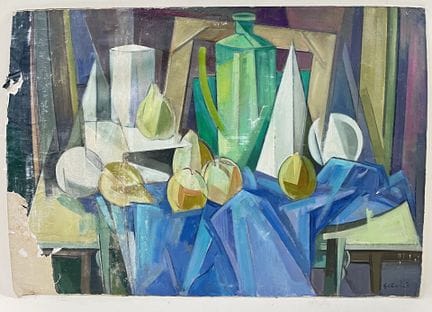 斯皮鲁-钦蒂拉（1921-1985 年） 
立体派静物画，蓝色帷幔。 
油画，石材。 
右下方有签名