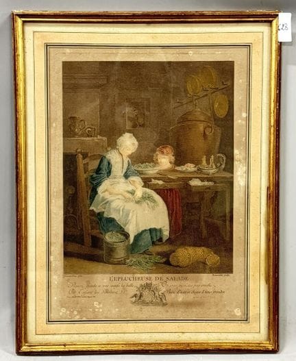 据JEAURAT所著，BEAUVARLET绘制
《沙拉削皮器》
彩色版画
题词：“美女啊，当心你的鸡