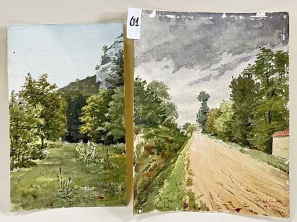 两幅水彩画，包括一幅 "Vue de la route de la Loeuf"。 
日期为 94 