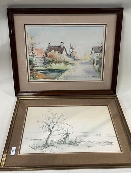 一幅署名 BALMONT 的水彩画 "茅草屋风景"。 
高 35 x 宽 48 厘米
以及一幅署名 