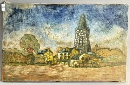 Vue d'un village. 
Huile sur toile. 
H 45 x L 73 c