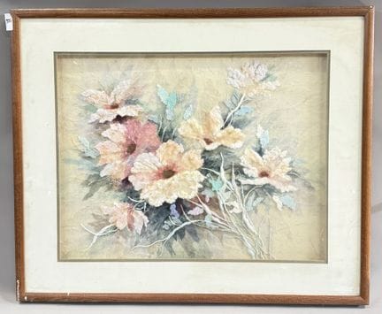 AWARENS &amp; TUCKER 
花卉构图 
压花纸、拼贴、纱布 
右下角签名 
高 51