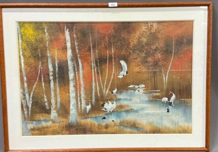 鹭鸶捕鱼 
纸上水粉和墨水，下方有表意文字
左下
高 56 x 宽 80 厘米
(REF 656)