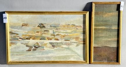 房屋风景。
布面油画。
高 22 × 宽 35 厘米

随附作品：
阴天下的平原风景。
木板油画。
