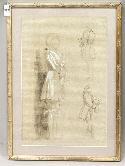 18世纪法国画派
人物习作
素描，水粉上色
左下角有签名痕迹
高46 × 宽29.5 厘米
(126