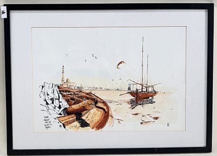 "迪拜，朝向阿拉伯塔的海滩"。 
水彩画。 
右下方有签名痕迹。
高 36.5 x 53.5 厘米。