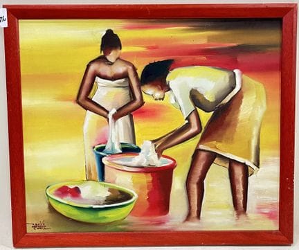 Geroges MBOUROU（二十至二十一世纪）。 
洗衣服的妇女。 
布面油画。 
左下方有签名