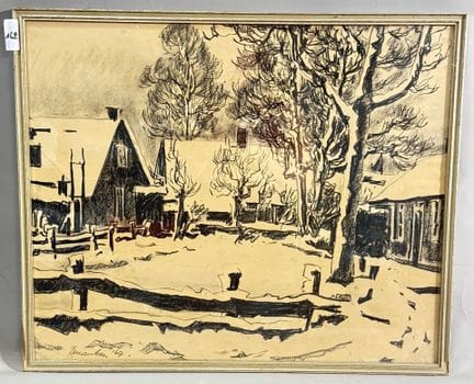归因于贝恩特·曼克斯（Beint MANKES，1918-1990）
积雪中的房屋
油性铅笔素描
左