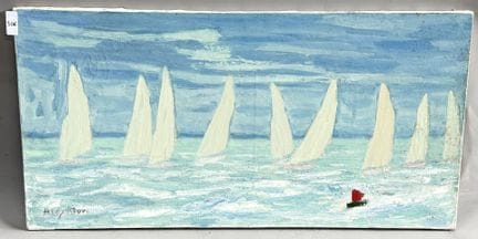 罗杰·阿尔让通（1908-1990）
《布列塔尼的帆船赛》
布面油画
左下角有签名
高 40 × 宽