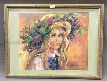 巴罗卡斯 - 戴樱桃和水果装饰帽子的少女肖像
纸上水粉画
右下方有签名
高 50 x 宽 55 厘米