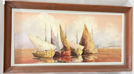 A. ABOUGIT 
夕阳下的帆船 
布面油画 
左上角有签名 
高 55 × 宽 120 厘米 