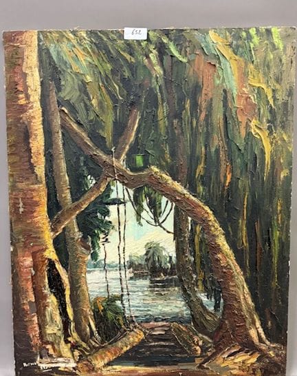 加勒比海岛
布面油画
左下角有签名痕迹，标注1953年
高65×宽52厘米
（画布有破损）
（编号6