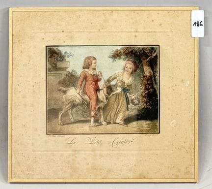 据J.B. HUET（1745-1811）作品，BONNET指导
《小骑手》
彩色铜版画
高17.5