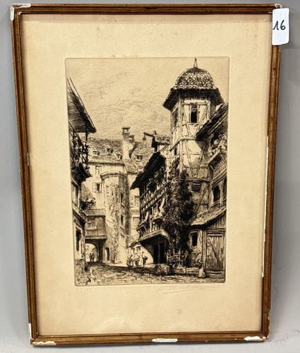 查尔斯·皮内（Charles PINET，1867-1932） 
斯特拉斯堡城堡庭院 
版画 
右下