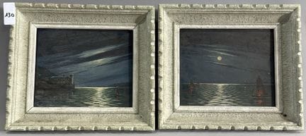 安德烈·玛丽·达西（20世纪）
两幅夜间海景画。
木板油画，水粉提色
左下角签名。
高15.5×宽1