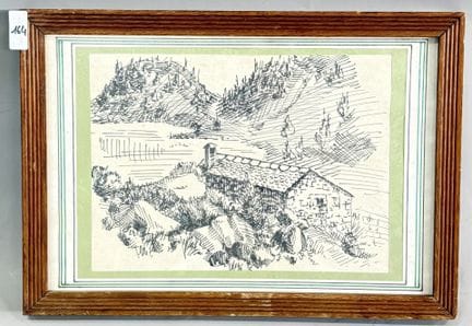 乡间小屋。
毛笔画。
高 23 × 宽 31.5 厘米。
(9279)
(164)