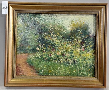 Sentier bordé de fleurs. 
Huile sur panneau. 
H 19