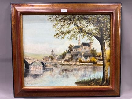 蒙托邦 - 河畔的村庄风景
布面油画
左下方有签名，1975 年
高 54 x 宽 64 厘米
(R