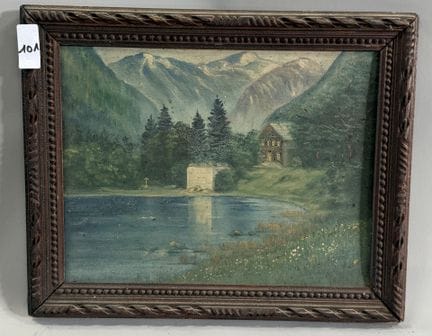 山间湖畔的小木屋。
纸板油画。
高 22.5 × 30 厘米。
（有污渍）
（101）