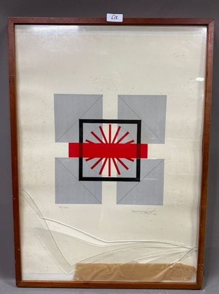 TAIF - 抽象构图
彩色石版画
右下方有签名
日期 92
编号 92/100
(玻璃事故）
高 