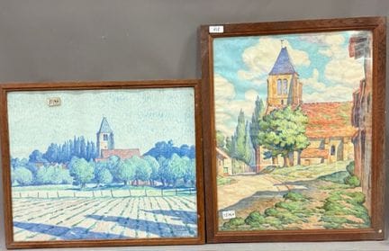 G AUBERT - 两幅水彩画：
- 教堂景观
- 教堂广场景观
右下方有签名
高 59 x 宽 