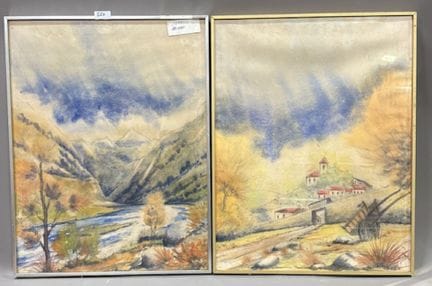 LE VILLAIN - 用黑色铅笔和油性铅笔在纸上绘制的两幅图画
表现山景和山村
右下方有签名
高