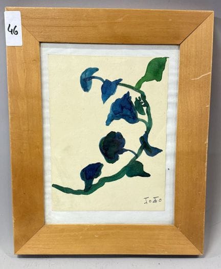 JOJO 
蓝色花朵。 
水彩画 
右下角有签名。 
高 20 × 宽 15 厘米。 
(46)