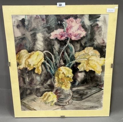让-图拉内 - 黄色和红色郁金香花束
水彩画，右下方有签名，年代 62
高 54 x 宽 50 厘米