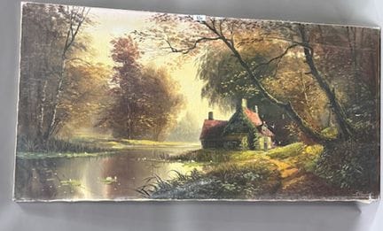 R LAMBERT - 湖边的小屋
布面油画，右下方有签名
高 60 x 宽 120 厘米
(REF