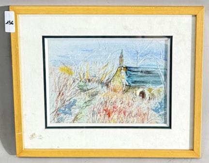 帕斯顿？
田野尽头的教堂。
铅笔素描，水粉提色。
右下角签名。
创作于1995年
高16.5×宽22
