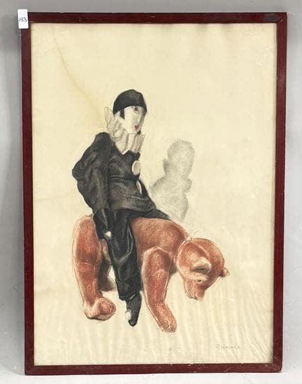 P.WAGNER 
《熊与小丑》 
炭笔画？ 
右下角有签名 
高 72 × 宽 51.5 厘米。 