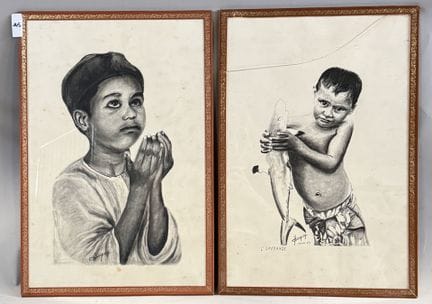 一组两幅少年肖像画：一幅描绘少年手持一条鱼，另一幅描绘少年正在祈祷。 
中国墨与黑铅笔 
左下角签名