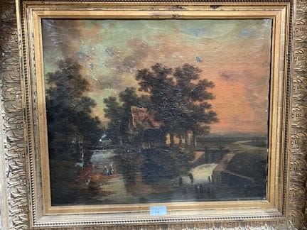 19 世纪晚期法国画派
锁和洗衣妇 
布面油画 
装在饰有刺桐叶的镀金灰泥木框中 
路易十六风格
尺