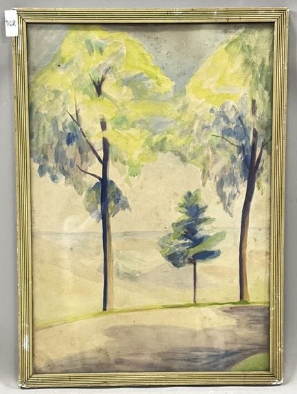 树木点缀的风景 
水彩画 
左下角标注日期：2012年6月25日 
高58×宽40厘米 
(762)