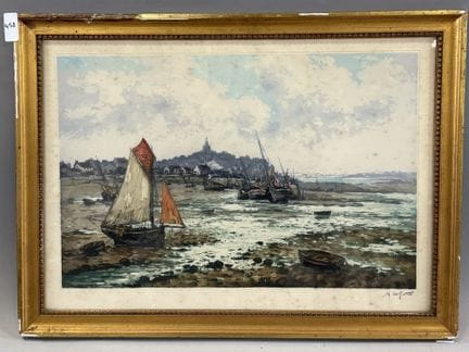 阿尔方斯·拉菲特（1863-1936）
低潮时分的海景
彩色版画
右下角有签名
高 34 × 宽 5