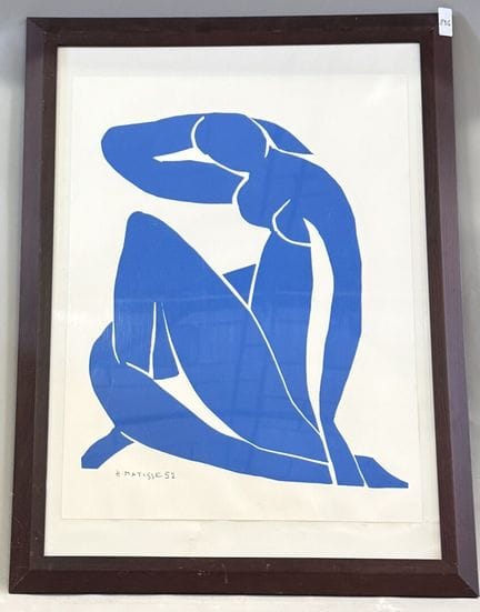 据亨利·马蒂斯（1869-1954）所作
《蓝色裸体 II》
石版画？
标注年份为52
高60 × 
