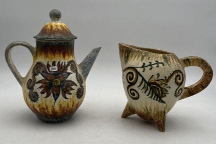 金佩尔 - 保罗-富安（1899- 1958） 
陶制茶壶，底色为蓝色、黄色和橙色，带有多色花卉装饰