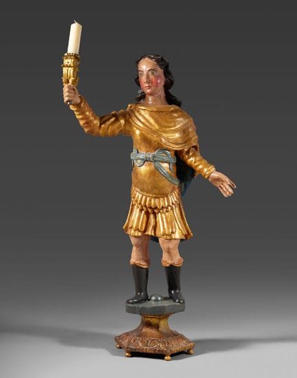 Porte-torchère en bois sculpté, doré et peint au n