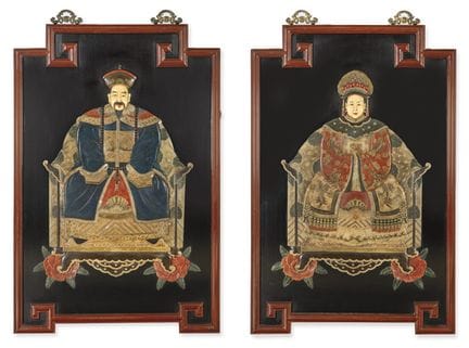 Pair of Chinese panels with Ancestors in lacquered