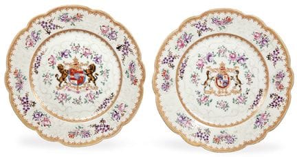Pair of ornamental porcelain plates with lobed rim