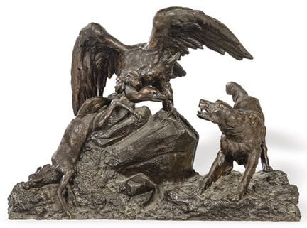 "Vulture and Dog Fighting for a Goat" patinated br