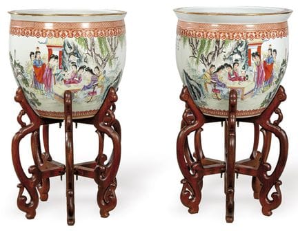 Pair of Chinese porcelain planters with polychrome