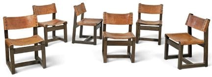 Set of 6 Biosca chairs. Stained oak frame with squ
